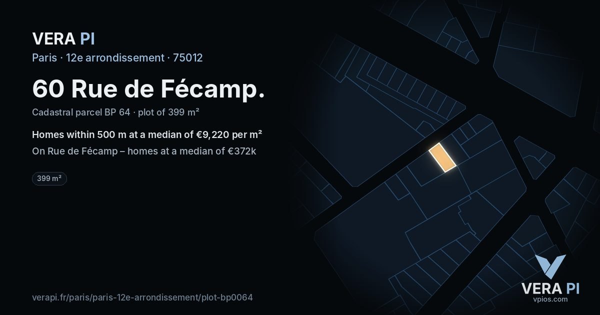 60 Rue de Fécamp, 12e arrondissement at night – the plot lit, the parcels around coloured by the prices near them
