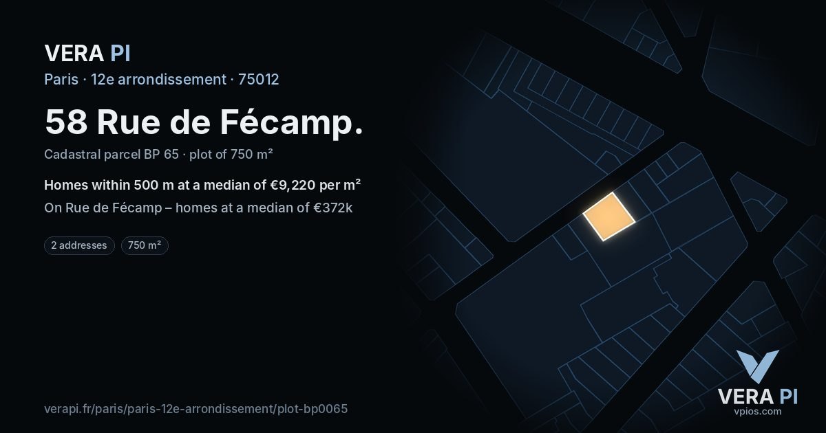 58 Rue de Fécamp, 12e arrondissement at night – the plot lit, the parcels around coloured by the prices near them
