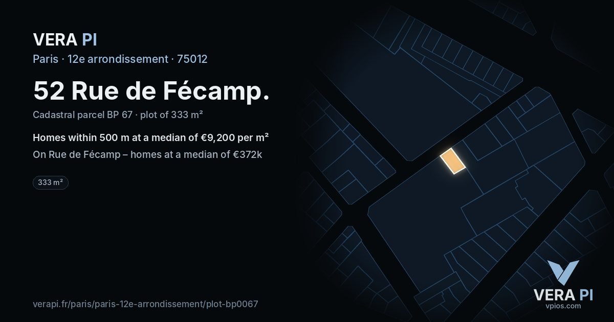 52 Rue de Fécamp, 12e arrondissement at night – the plot lit, the parcels around coloured by the prices near them
