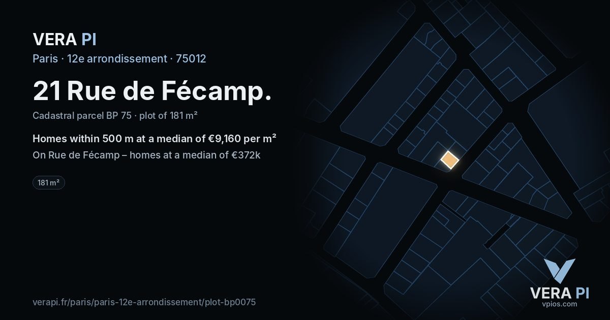 21 Rue de Fécamp, 12e arrondissement at night – the plot lit, the parcels around coloured by the prices near them