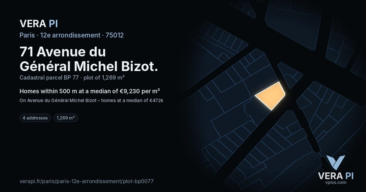 71 Avenue du Général Michel Bizot, 12e arrondissement at night – the plot lit, the parcels around coloured by the prices near them