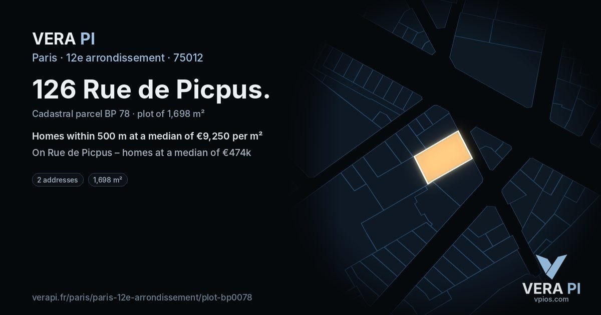 126 Rue de Picpus, 12e arrondissement at night – the plot lit, the parcels around coloured by the prices near them