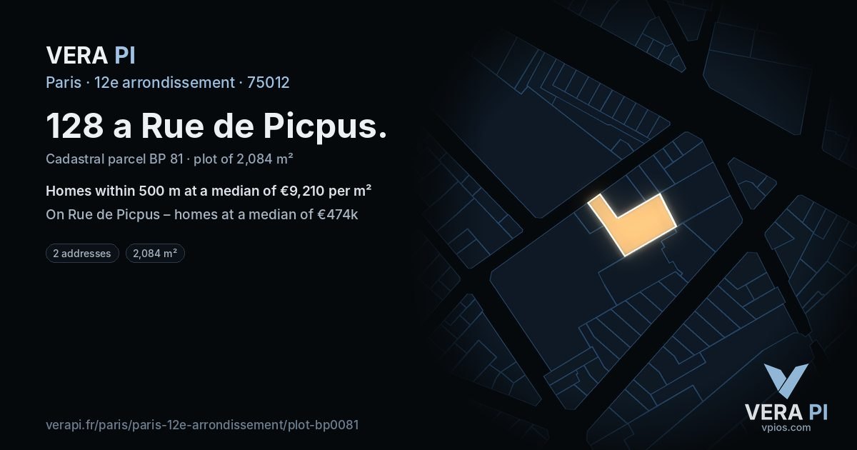 128 a Rue de Picpus, 12e arrondissement at night – the plot lit, the parcels around coloured by the prices near them