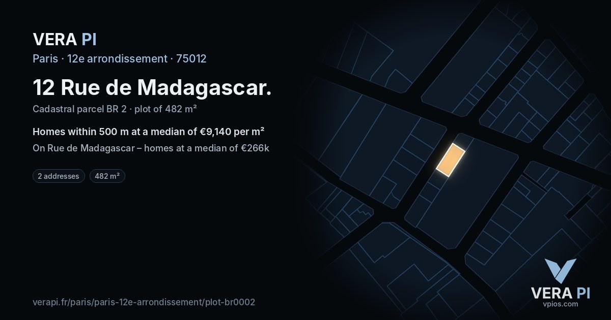 12 Rue de Madagascar, 12e arrondissement at night – the plot lit, the parcels around coloured by the prices near them
