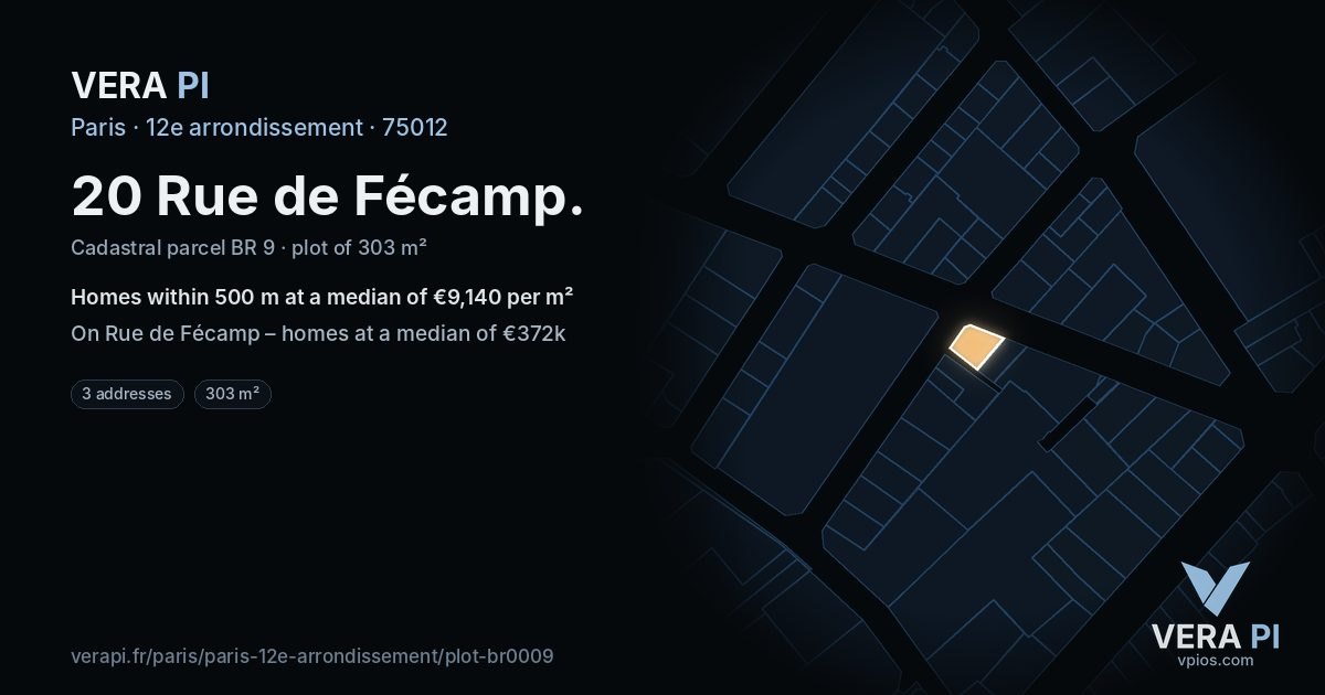 20 Rue de Fécamp, 12e arrondissement at night – the plot lit, the parcels around coloured by the prices near them