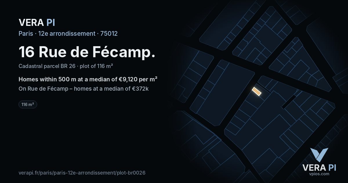 16 Rue de Fécamp, 12e arrondissement at night – the plot lit, the parcels around coloured by the prices near them
