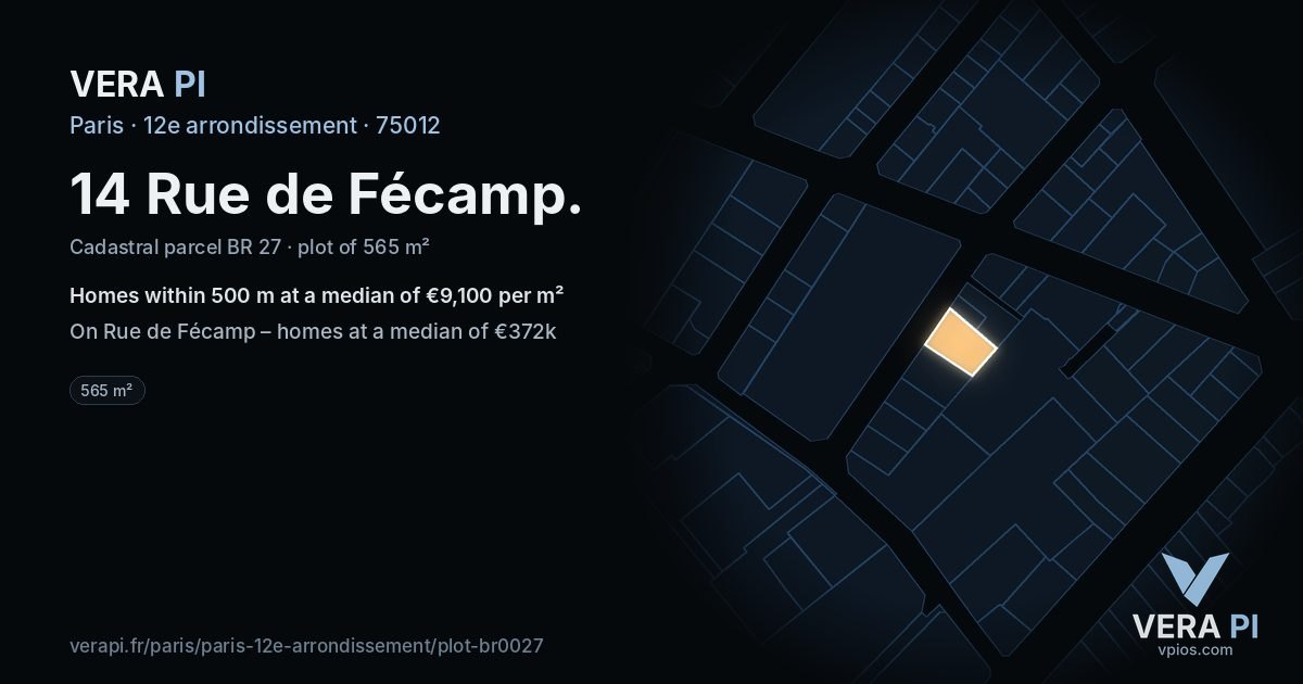 14 Rue de Fécamp, 12e arrondissement at night – the plot lit, the parcels around coloured by the prices near them