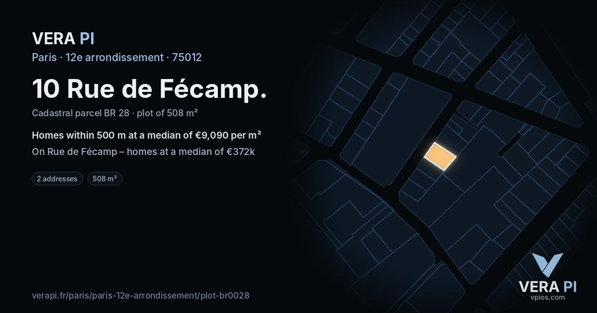 10 Rue de Fécamp, 12e arrondissement at night – the plot lit, the parcels around coloured by the prices near them