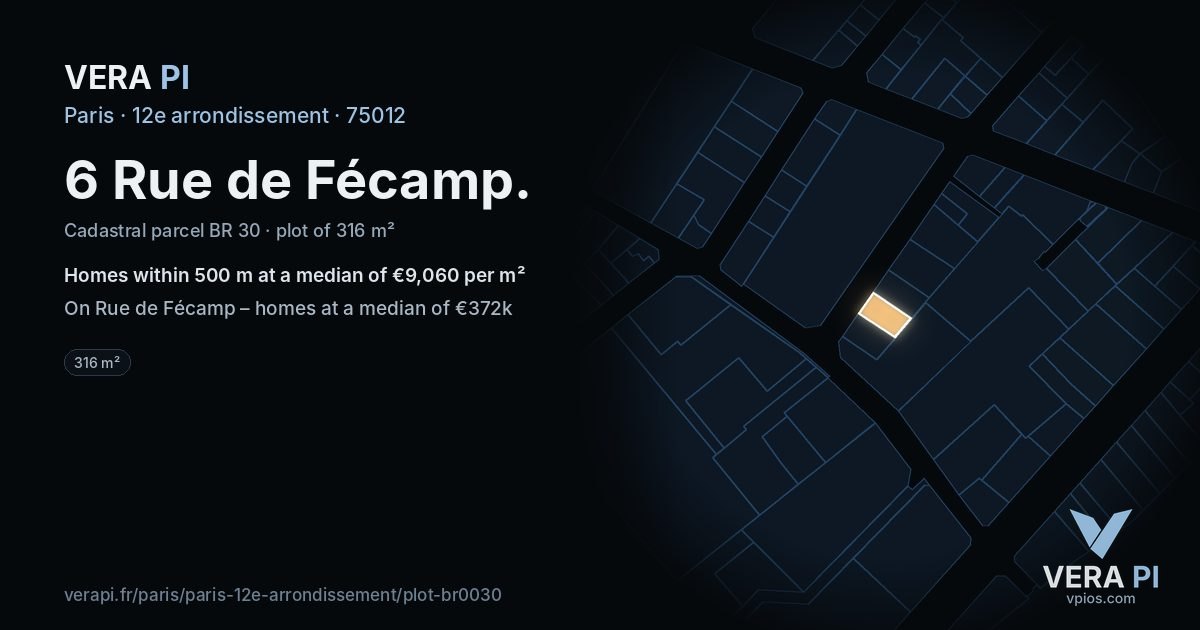 6 Rue de Fécamp, 12e arrondissement at night – the plot lit, the parcels around coloured by the prices near them