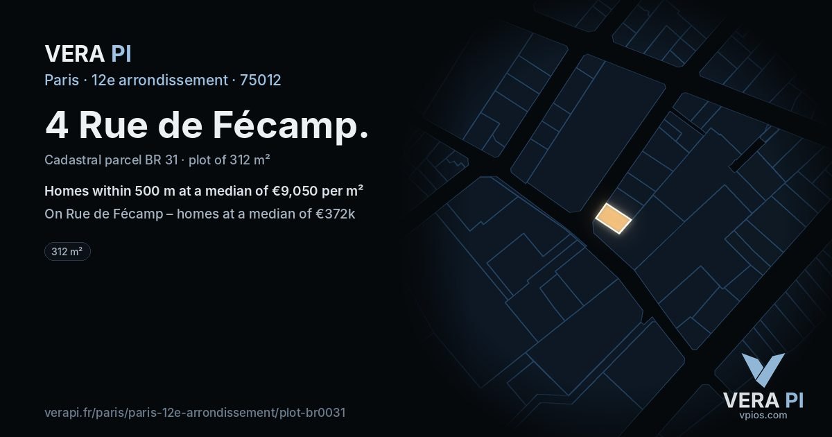 4 Rue de Fécamp, 12e arrondissement at night – the plot lit, the parcels around coloured by the prices near them