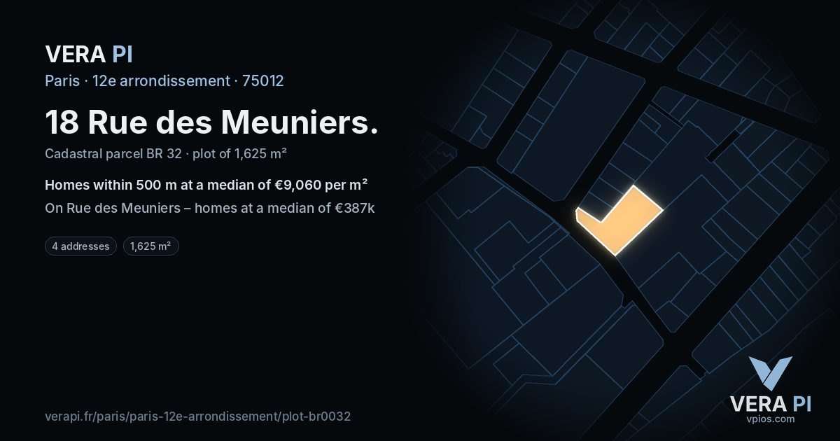 18 Rue des Meuniers, 12e arrondissement at night – the plot lit, the parcels around coloured by the prices near them