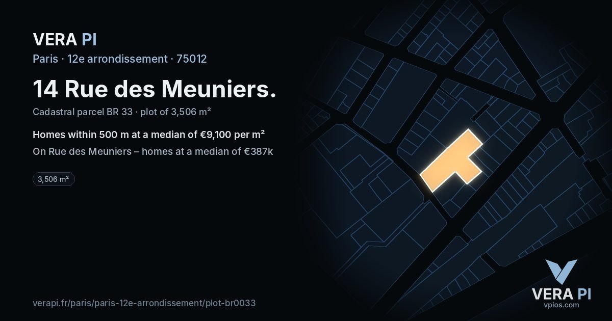 14 Rue des Meuniers, 12e arrondissement at night – the plot lit, the parcels around coloured by the prices near them