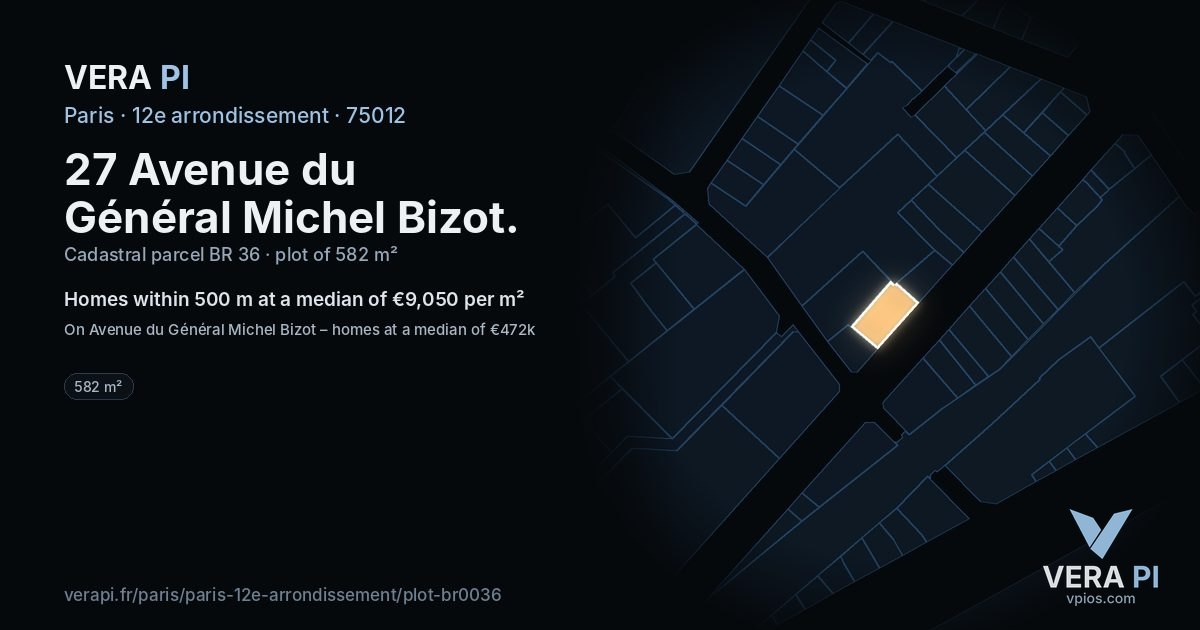 27 Avenue du Général Michel Bizot, 12e arrondissement at night – the plot lit, the parcels around coloured by the prices near them