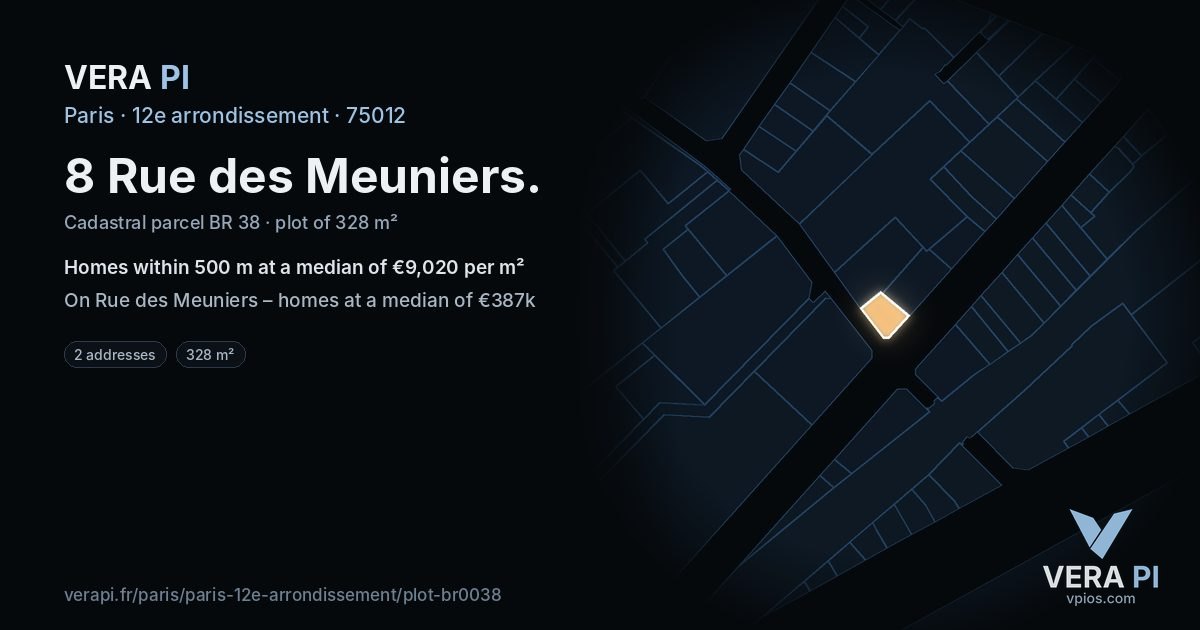 8 Rue des Meuniers, 12e arrondissement at night – the plot lit, the parcels around coloured by the prices near them