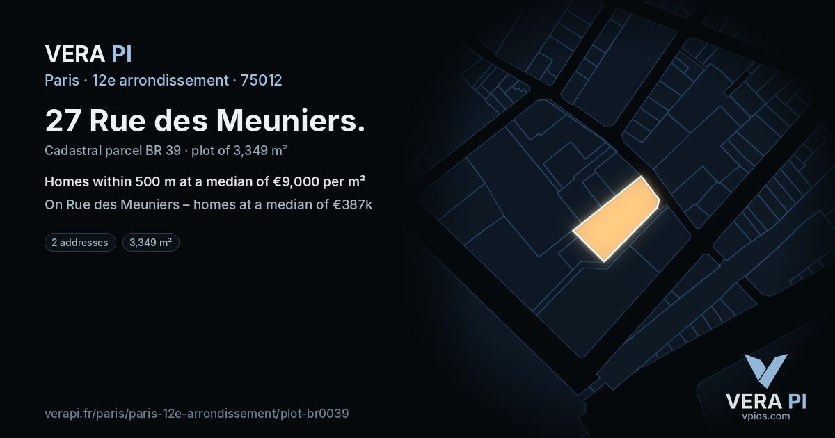 27 Rue des Meuniers, 12e arrondissement at night – the plot lit, the parcels around coloured by the prices near them