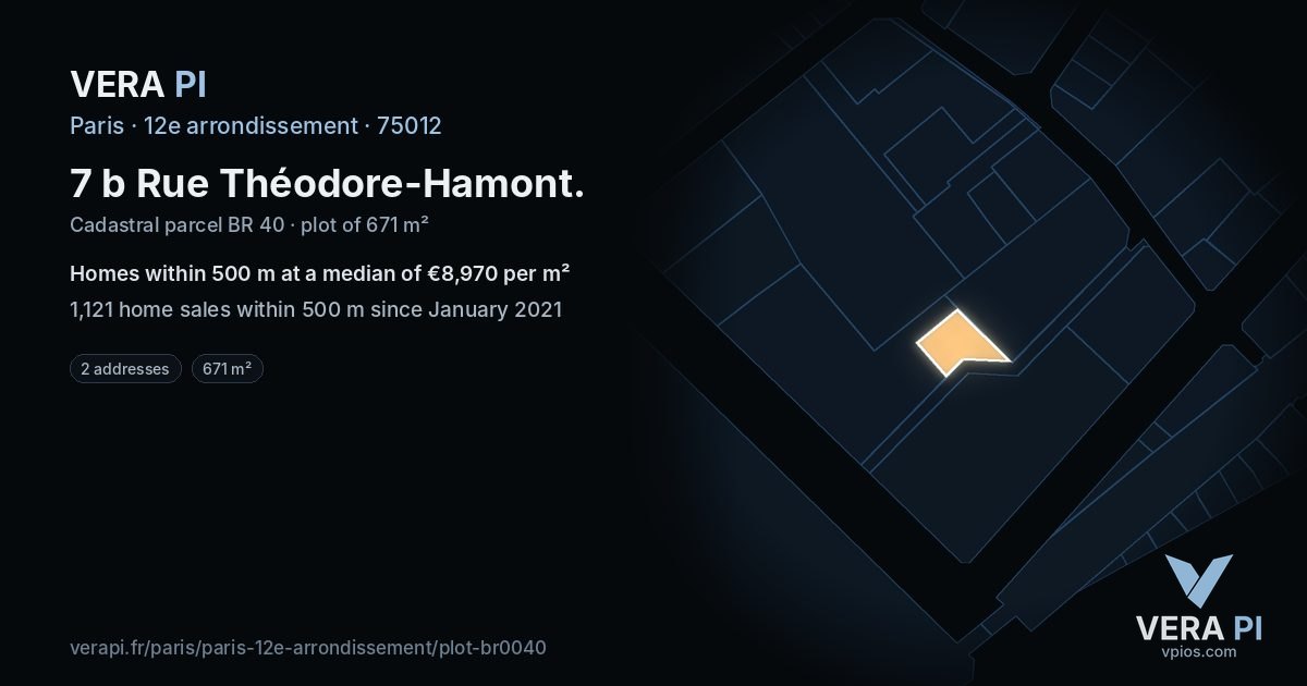 7 b Rue Théodore-Hamont, 12e arrondissement at night – the plot lit, the parcels around coloured by the prices near them