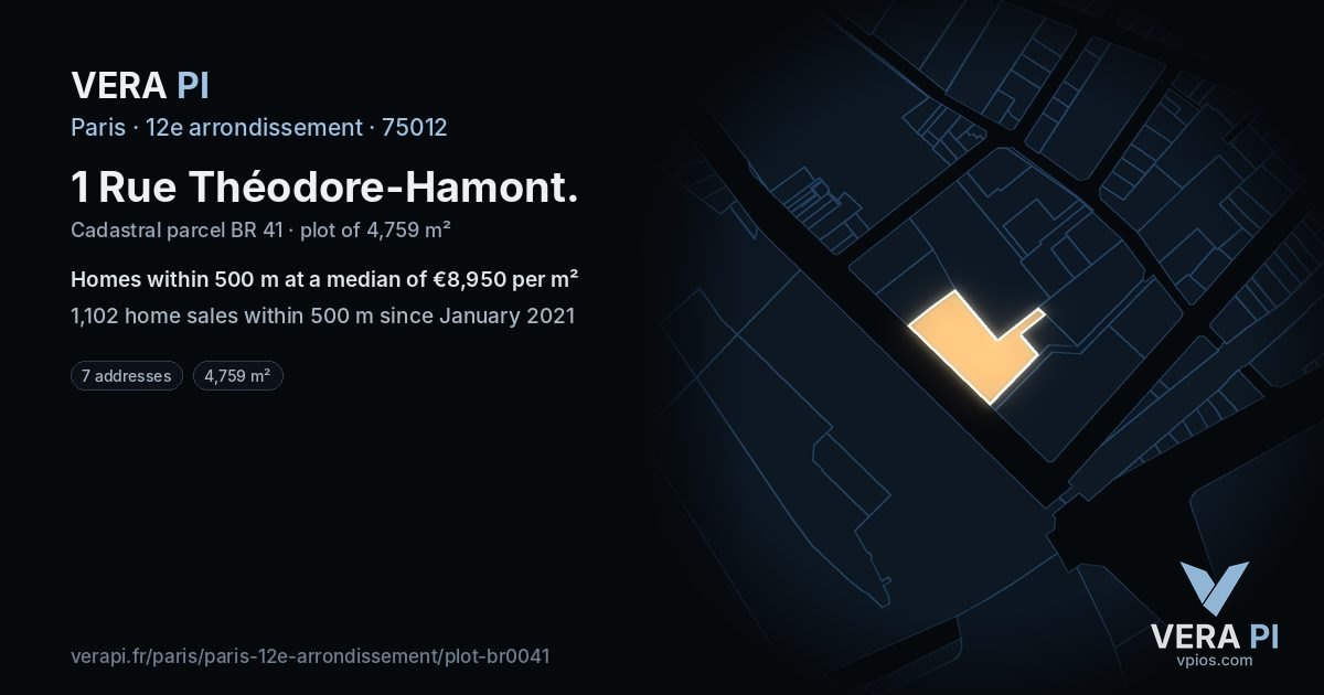 1 Rue Théodore-Hamont, 12e arrondissement at night – the plot lit, the parcels around coloured by the prices near them