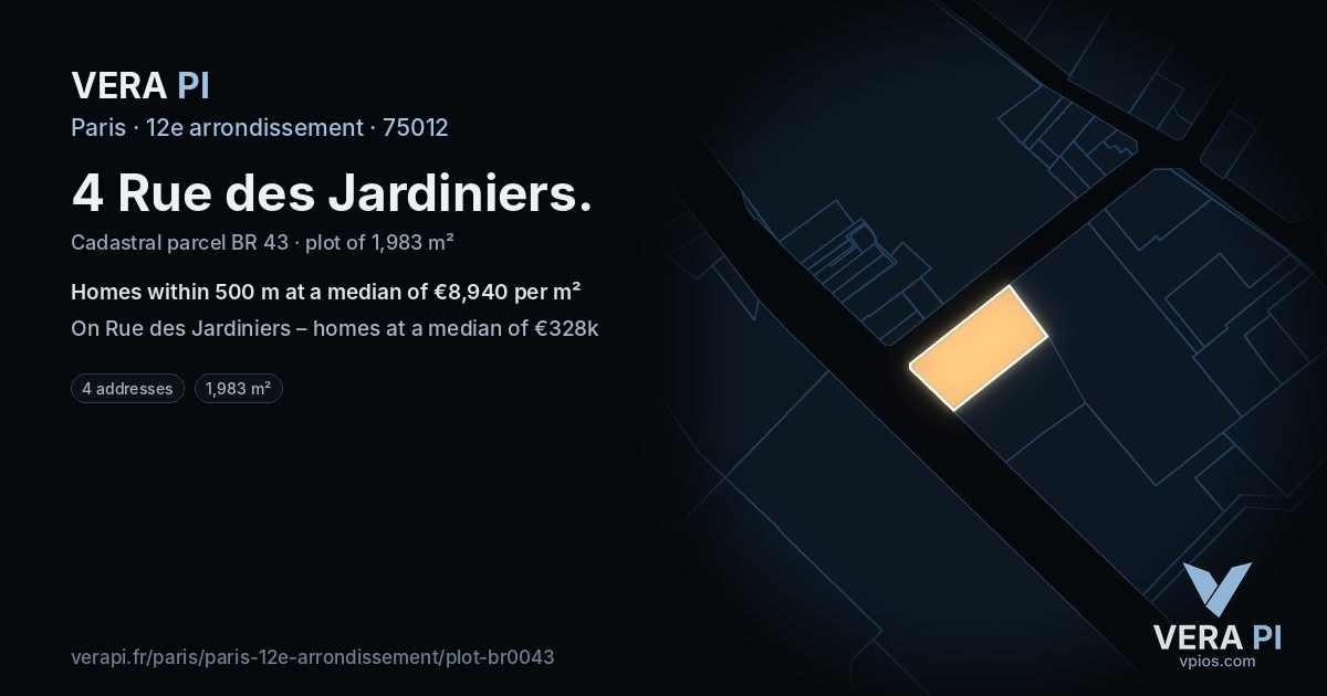 4 Rue des Jardiniers, 12e arrondissement at night – the plot lit, the parcels around coloured by the prices near them