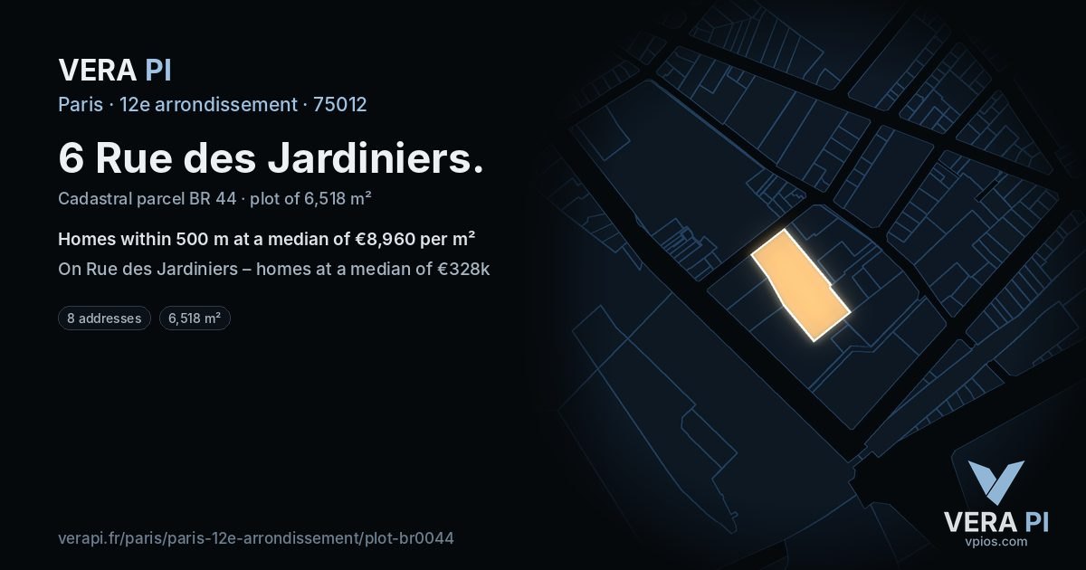 6 Rue des Jardiniers, 12e arrondissement at night – the plot lit, the parcels around coloured by the prices near them