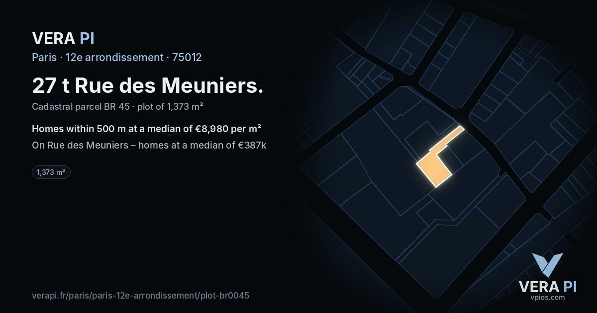 27 t Rue des Meuniers, 12e arrondissement at night – the plot lit, the parcels around coloured by the prices near them
