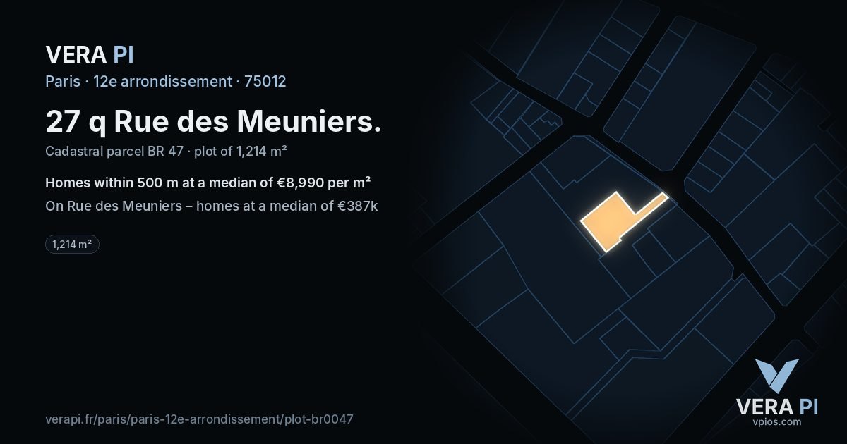 27 q Rue des Meuniers, 12e arrondissement at night – the plot lit, the parcels around coloured by the prices near them