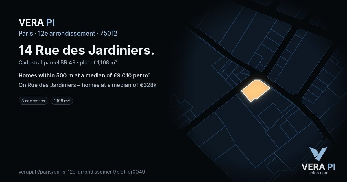 14 Rue des Jardiniers, 12e arrondissement at night – the plot lit, the parcels around coloured by the prices near them