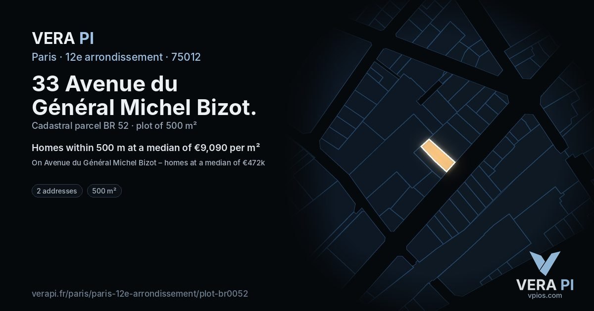 33 Avenue du Général Michel Bizot, 12e arrondissement at night – the plot lit, the parcels around coloured by the prices near them