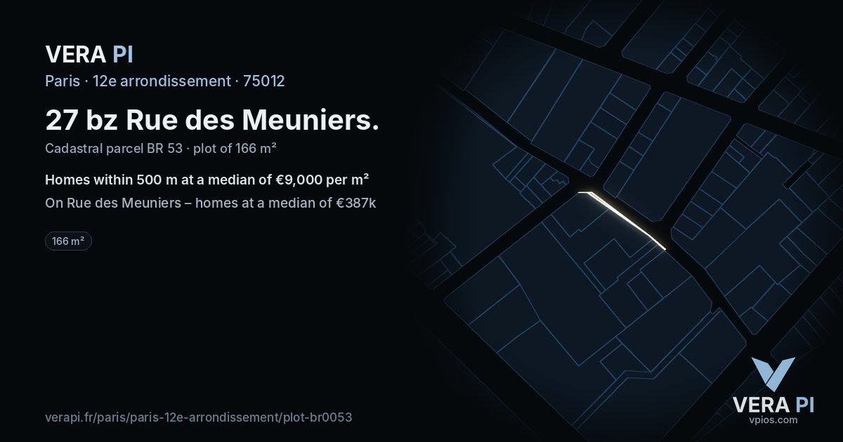 27 bz Rue des Meuniers, 12e arrondissement at night – the plot lit, the parcels around coloured by the prices near them