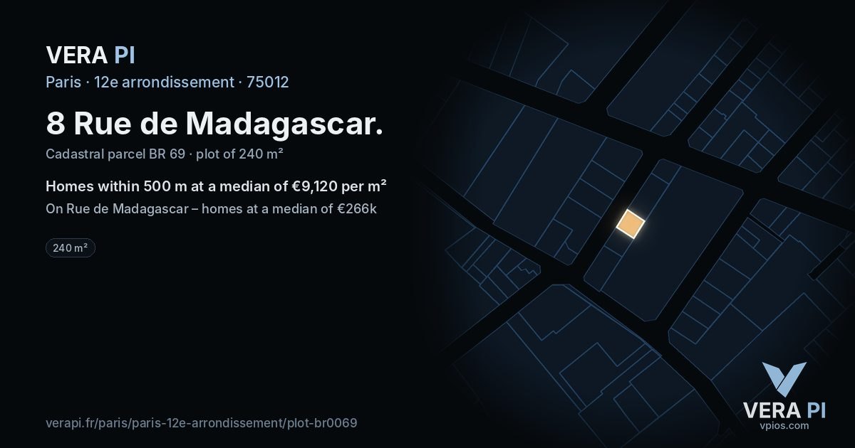 8 Rue de Madagascar, 12e arrondissement at night – the plot lit, the parcels around coloured by the prices near them
