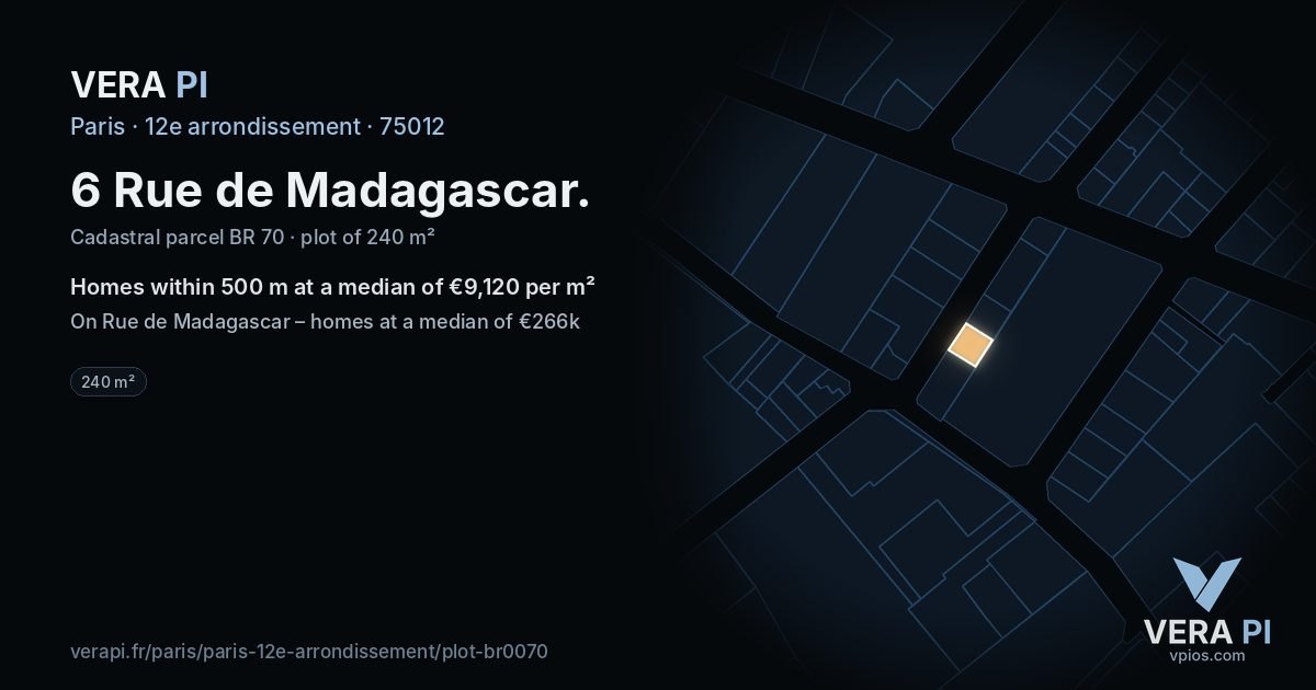 6 Rue de Madagascar, 12e arrondissement at night – the plot lit, the parcels around coloured by the prices near them