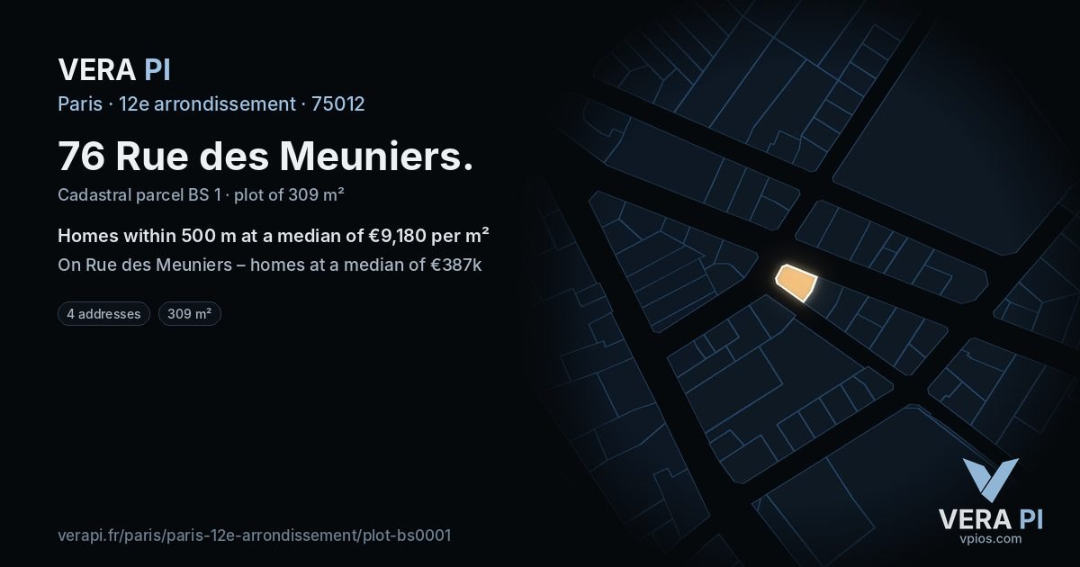 76 Rue des Meuniers, 12e arrondissement at night – the plot lit, the parcels around coloured by the prices near them