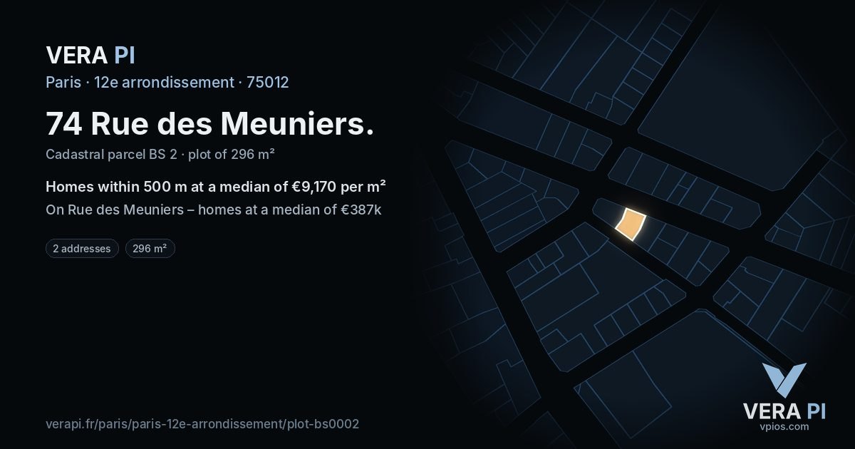 74 Rue des Meuniers, 12e arrondissement at night – the plot lit, the parcels around coloured by the prices near them
