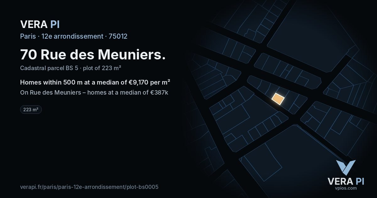 70 Rue des Meuniers, 12e arrondissement at night – the plot lit, the parcels around coloured by the prices near them