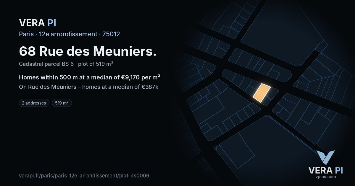 68 Rue des Meuniers, 12e arrondissement at night – the plot lit, the parcels around coloured by the prices near them