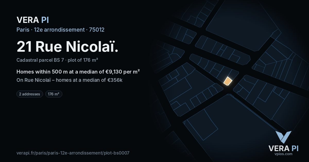 21 Rue Nicolaï, 12e arrondissement at night – the plot lit, the parcels around coloured by the prices near them
