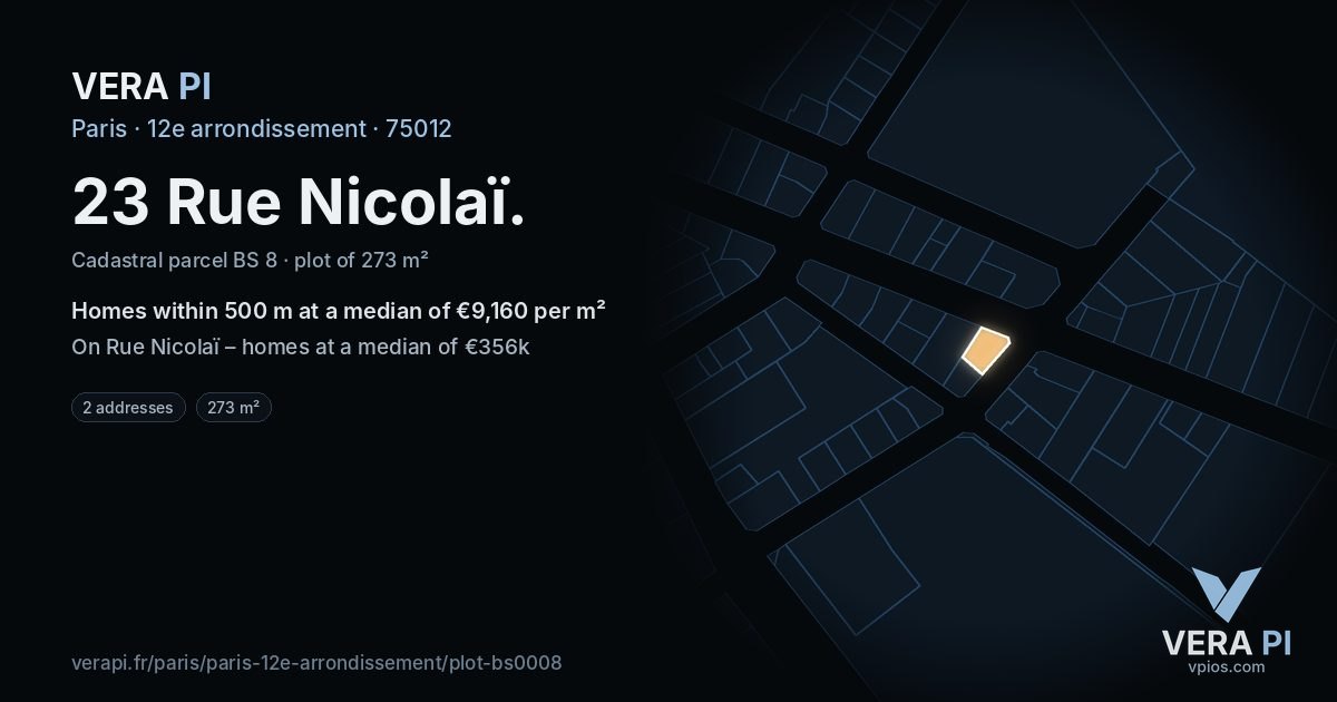 23 Rue Nicolaï, 12e arrondissement at night – the plot lit, the parcels around coloured by the prices near them