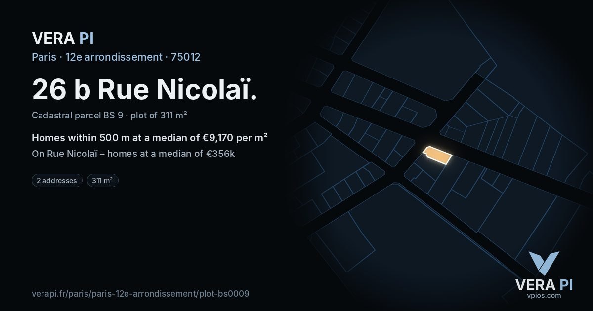 26 b Rue Nicolaï, 12e arrondissement at night – the plot lit, the parcels around coloured by the prices near them