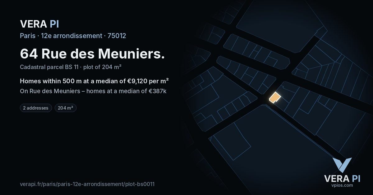 64 Rue des Meuniers, 12e arrondissement at night – the plot lit, the parcels around coloured by the prices near them