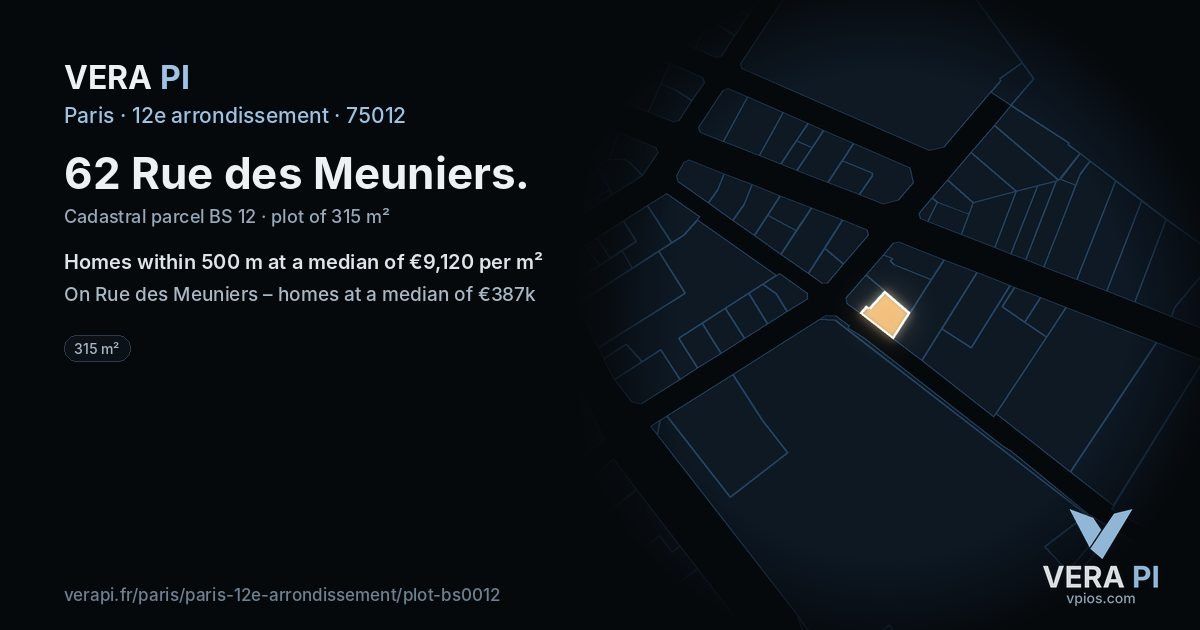 62 Rue des Meuniers, 12e arrondissement at night – the plot lit, the parcels around coloured by the prices near them