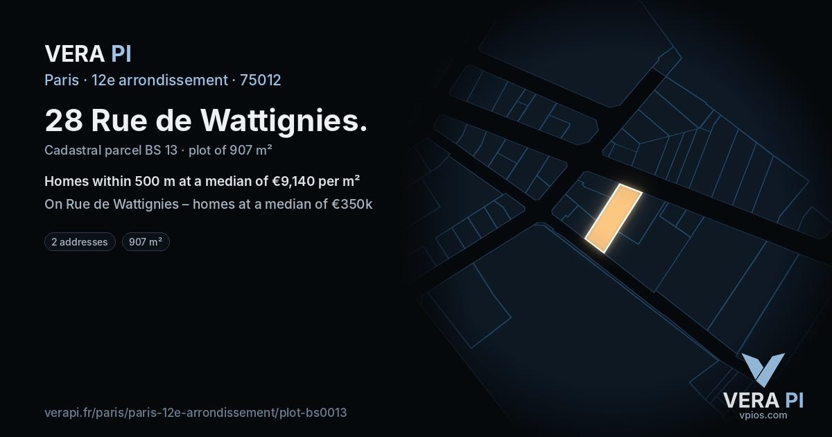 28 Rue de Wattignies, 12e arrondissement at night – the plot lit, the parcels around coloured by the prices near them