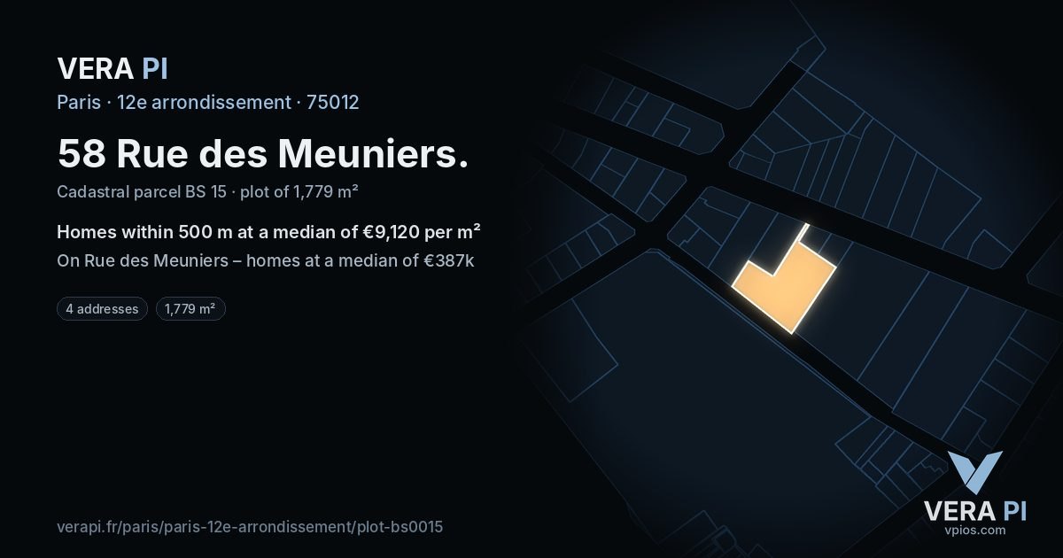 58 Rue des Meuniers, 12e arrondissement at night – the plot lit, the parcels around coloured by the prices near them