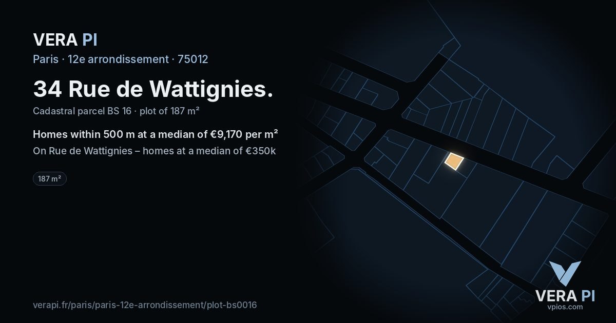 34 Rue de Wattignies, 12e arrondissement at night – the plot lit, the parcels around coloured by the prices near them