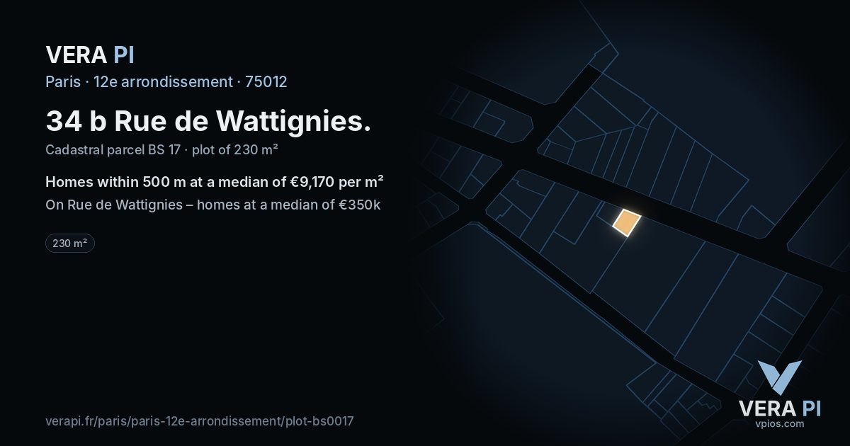34 b Rue de Wattignies, 12e arrondissement at night – the plot lit, the parcels around coloured by the prices near them