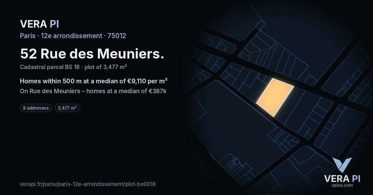52 Rue des Meuniers, 12e arrondissement at night – the plot lit, the parcels around coloured by the prices near them
