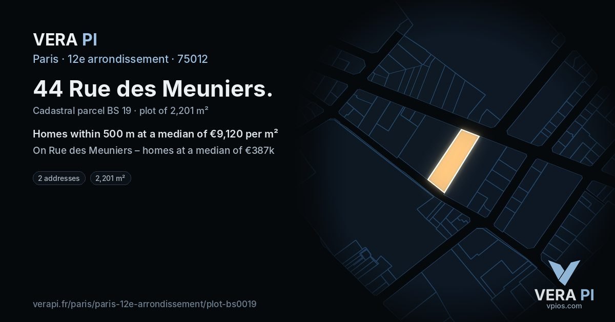 44 Rue des Meuniers, 12e arrondissement at night – the plot lit, the parcels around coloured by the prices near them