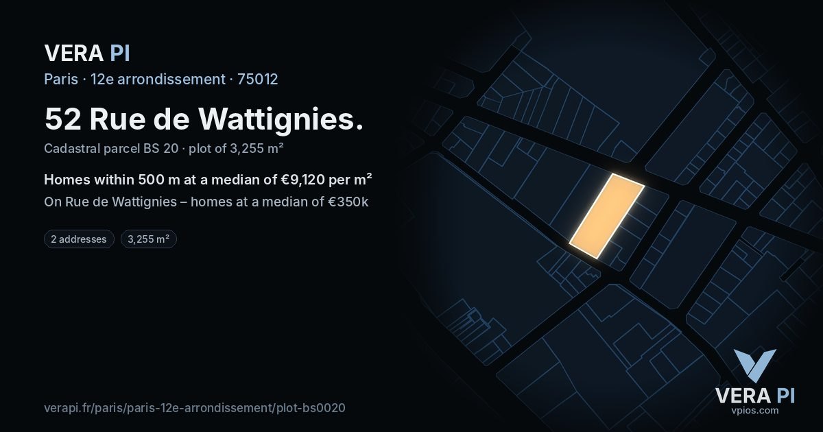 52 Rue de Wattignies, 12e arrondissement at night – the plot lit, the parcels around coloured by the prices near them