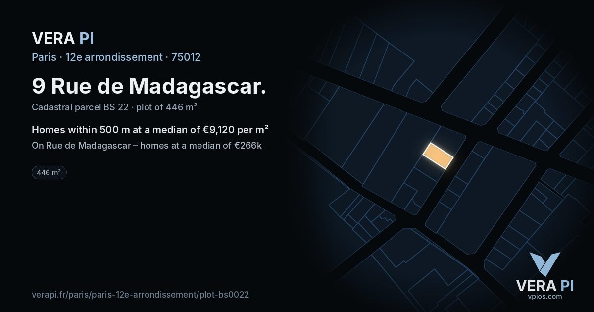 9 Rue de Madagascar, 12e arrondissement at night – the plot lit, the parcels around coloured by the prices near them
