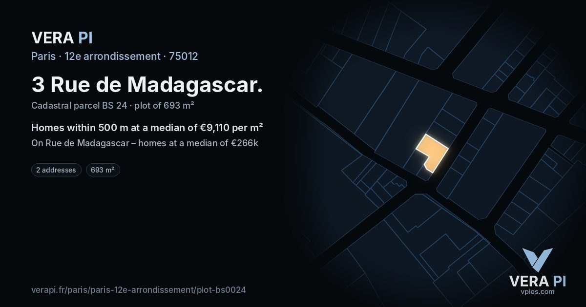 3 Rue de Madagascar, 12e arrondissement at night – the plot lit, the parcels around coloured by the prices near them