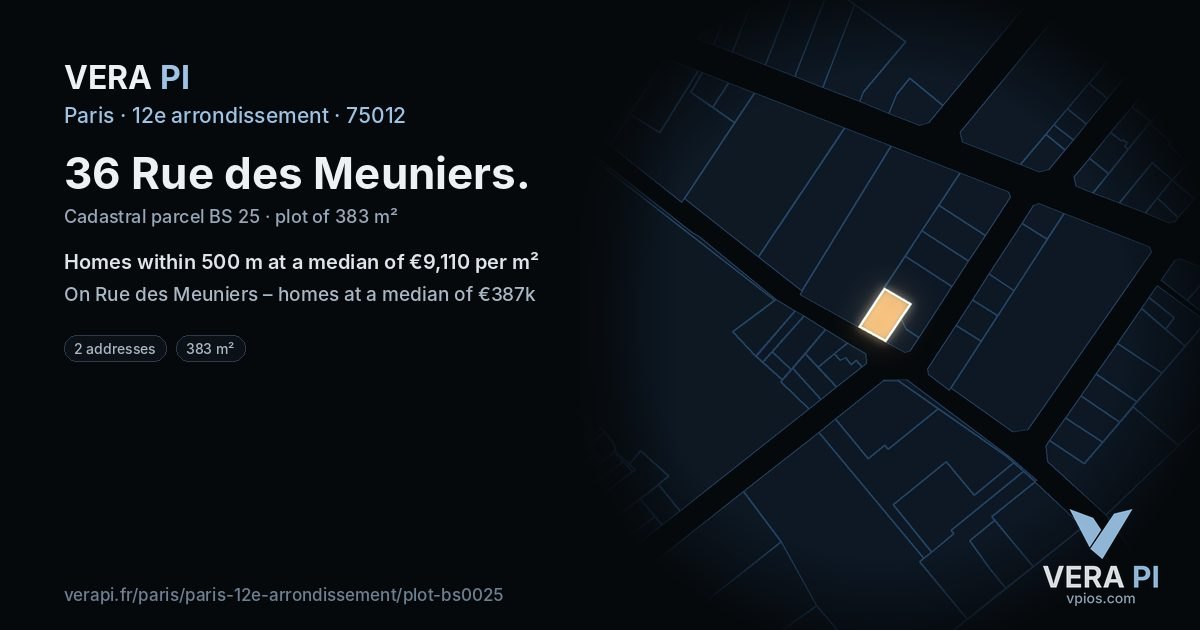 36 Rue des Meuniers, 12e arrondissement at night – the plot lit, the parcels around coloured by the prices near them