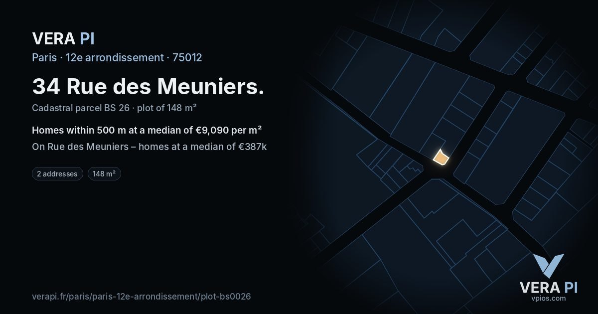 34 Rue des Meuniers, 12e arrondissement at night – the plot lit, the parcels around coloured by the prices near them